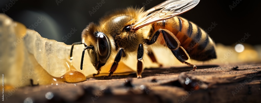  a close up of a bee on a piece of wood with honey in its mouth and water droplets on the side of t