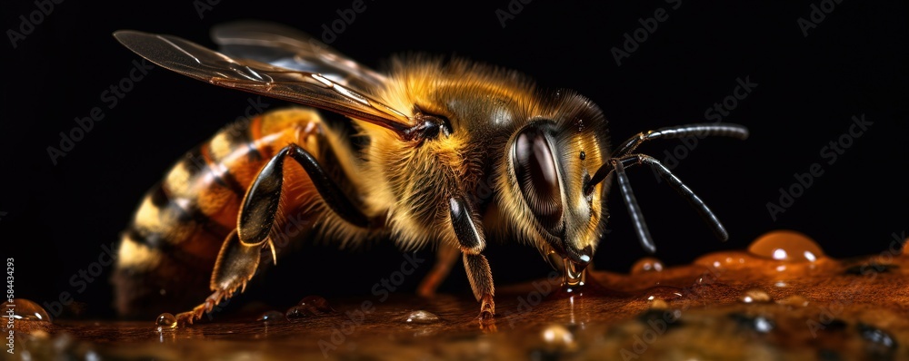  a close up of a bee on a table with drops of water on its back legs and wings, with a black backgr