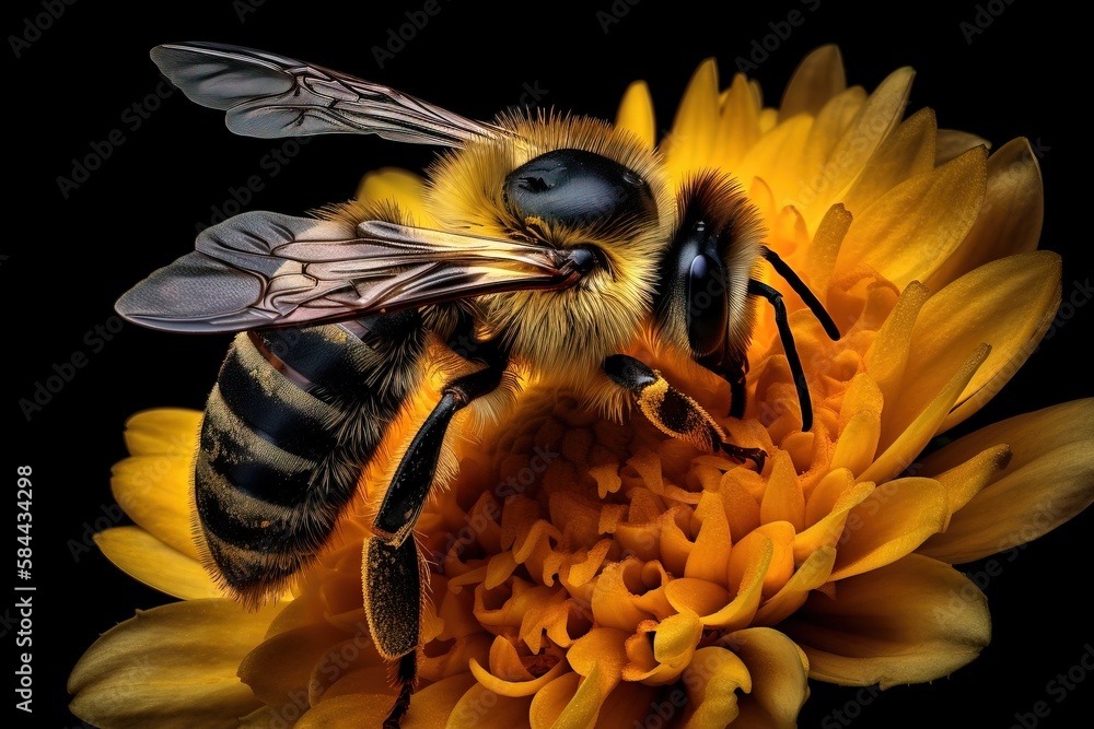  a bee sitting on top of a yellow flower with its wings spread out and eyes closed, on a black backg