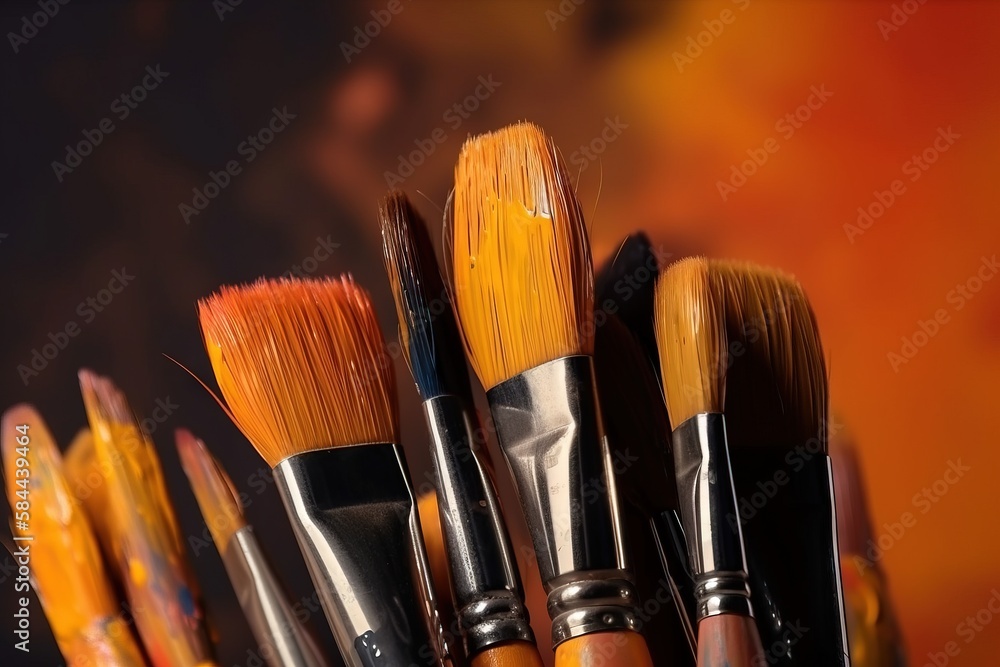  a close up of a bunch of paint brushes in a cup with a black and orange background behind it and a 