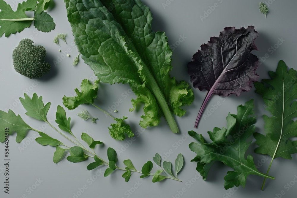  a group of green vegetables on a gray surface next to a leafy green plant and a broccoli head on th