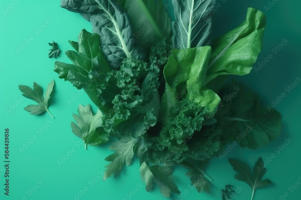  a bunch of green leafy vegetables on a blue background with a green background and a leafy green pl