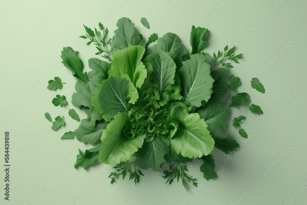  a bunch of leafy green vegetables on a light green background, top view, flat lay, top view, green 