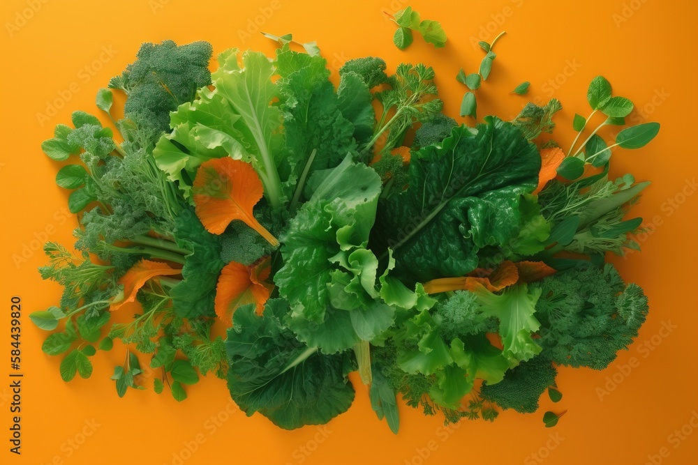  a bunch of green leafy vegetables on a yellow background with a yellow border around them and a gre