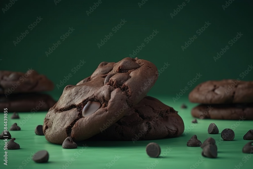  a chocolate cookie with a bite taken out of it and scattered chocolate chips around it on a green s