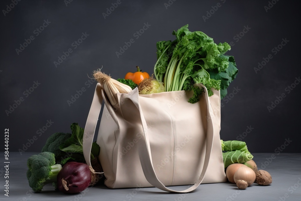  a bag full of vegetables sitting on a table next to a pile of fruit and vegetables on the table and