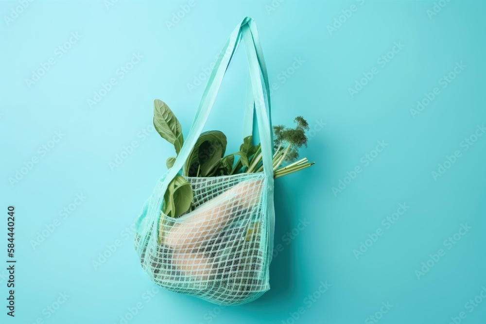  a mesh bag with vegetables inside on a blue background with a green leafy plant in the bottom right