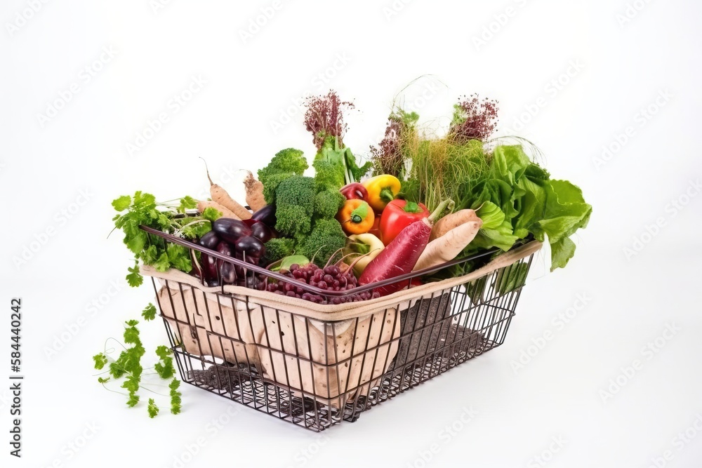  a basket filled with lots of different types of fruits and vegetables on a white background with a 