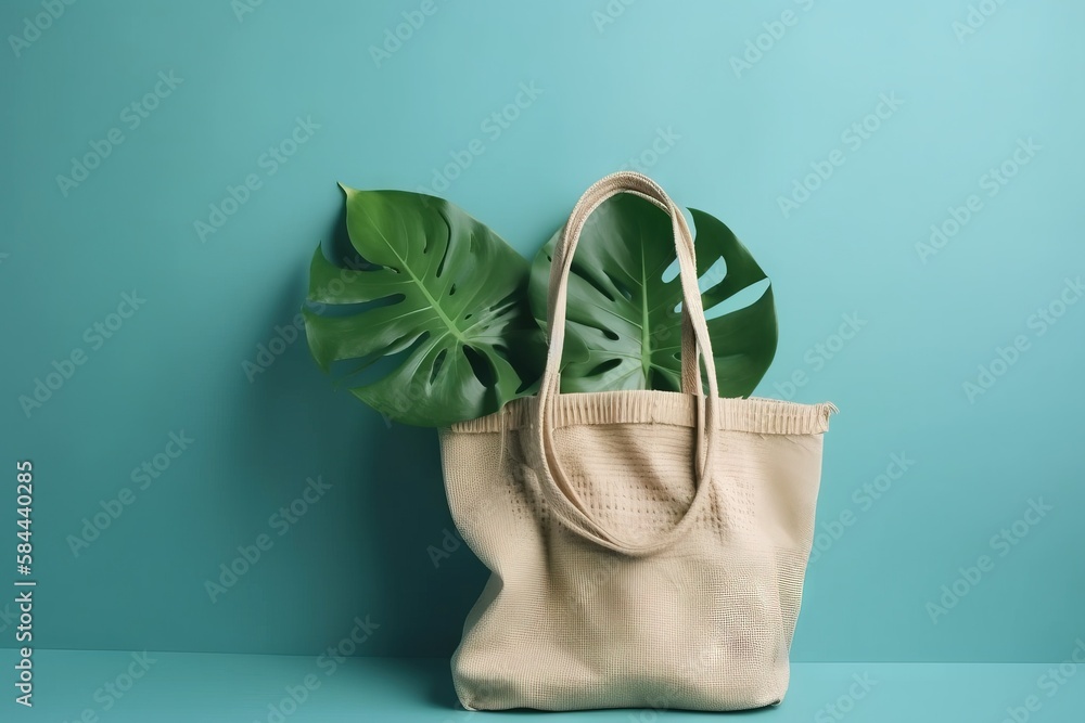  a white bag with a green plant in it on a blue background with a green leaf on the side of the bag 