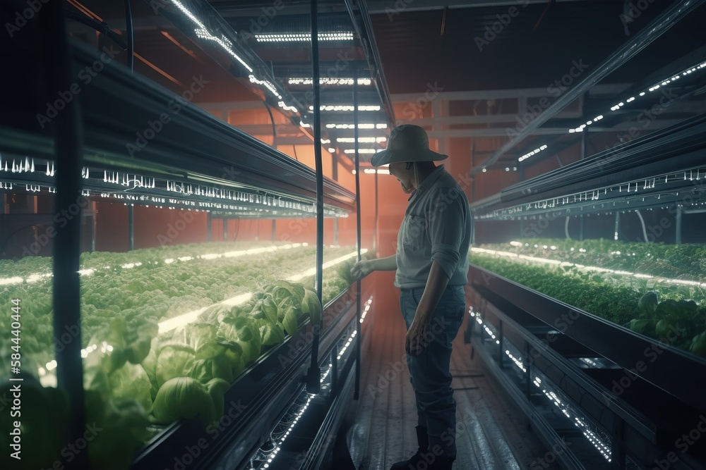  a man standing in a large room filled with green lettuce growing inside of a greenhouse filled with