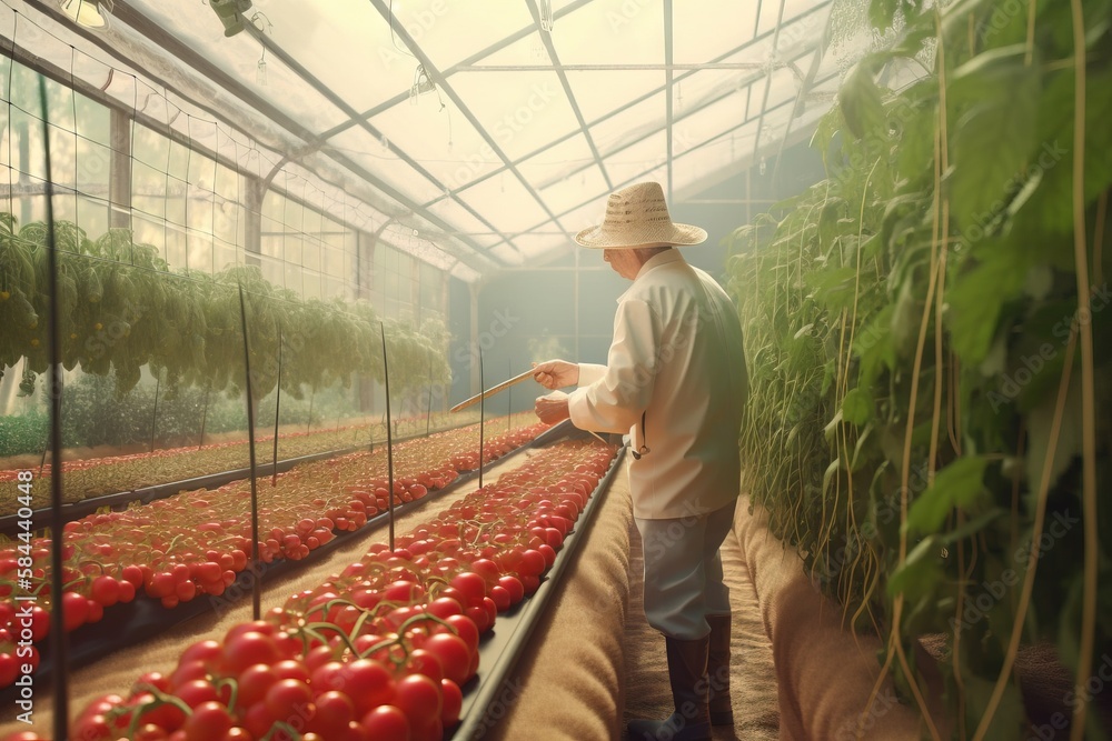  a man standing in a greenhouse holding a string of red tomatoes in his hand and looking at them in 