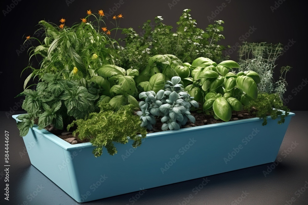  a blue planter filled with lots of different types of plants and flowers on a black surface with a 