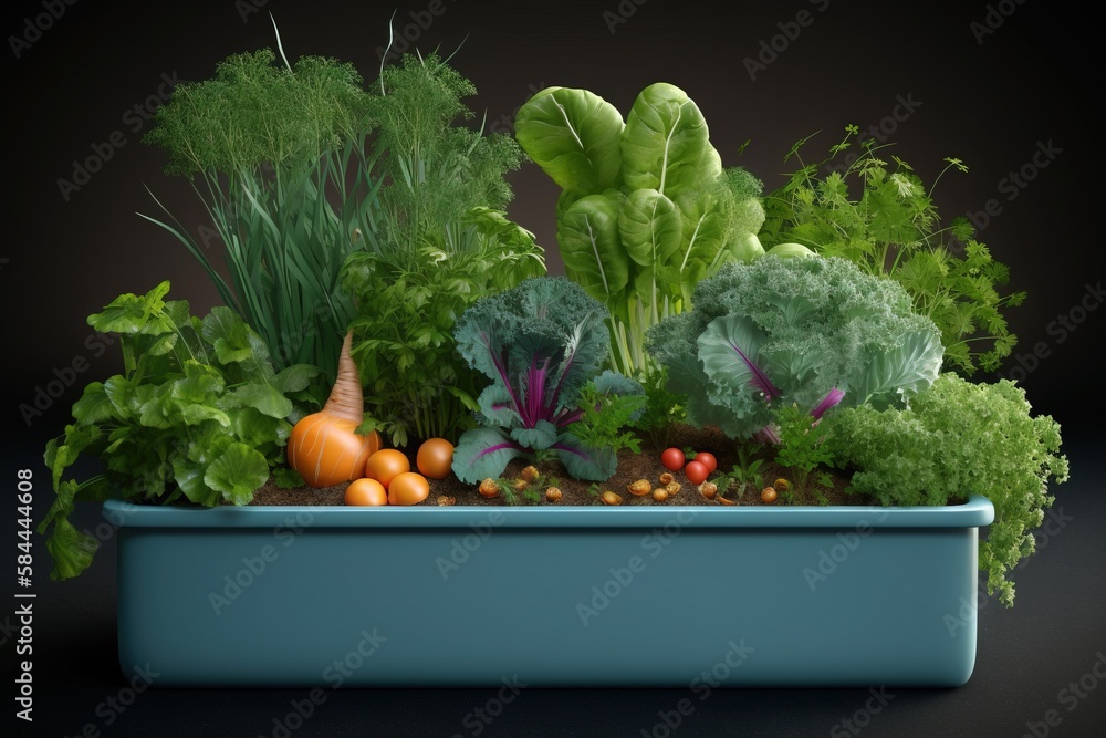  a blue container filled with lots of different types of vegetables and fruits and vegetables on a b