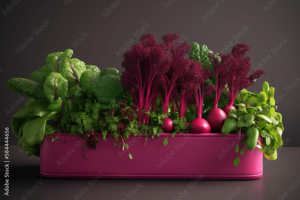  a pink container filled with lots of green and red vegetables and greens on top of a table next to 