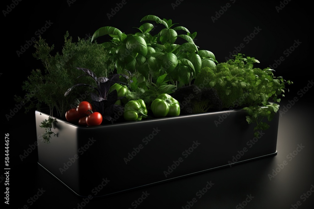  a black box filled with lots of different types of veggies in its centerpiece, on a dark surface, 