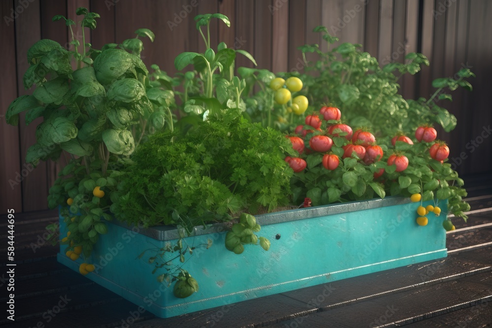  a blue planter filled with lots of green and red plants next to a wooden fence and a wooden wall be