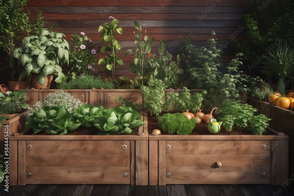  a wooden box filled with lots of different types of vegetables and plants in its sides and sides, 