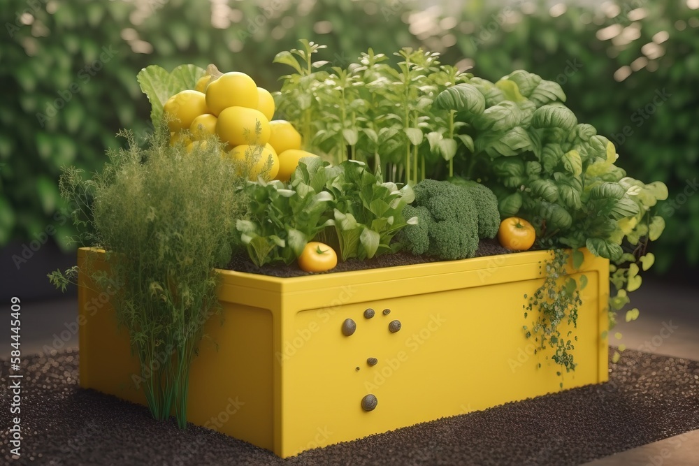  a yellow planter filled with lots of green plants next to a bushy area with lots of yellow flowers 