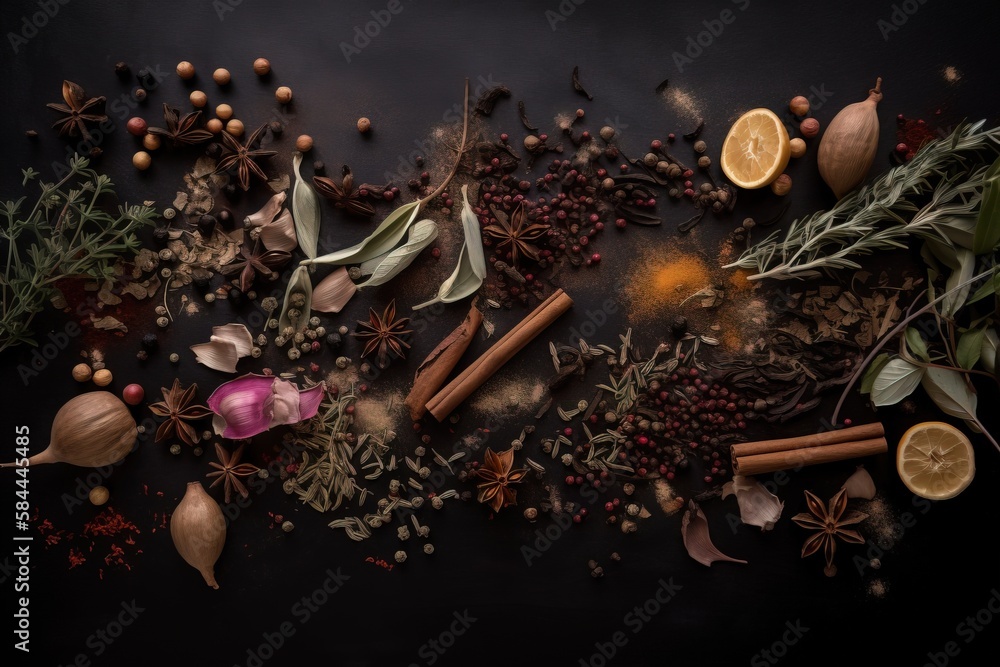  a table topped with spices and herbs on top of a black tablecloth covered in oranges, cinnamons, an