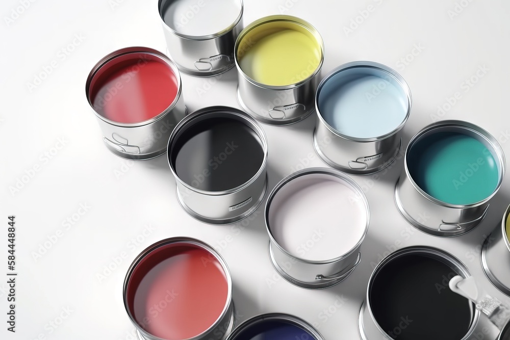  a group of paint cans with different colors of paint in them on a white surface with a shadow of a 