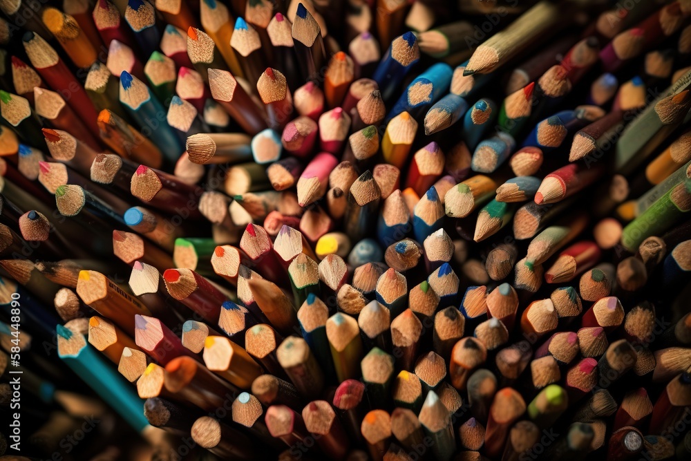  a large group of colored pencils are arranged in a spiral pattern on a black background, with a foc