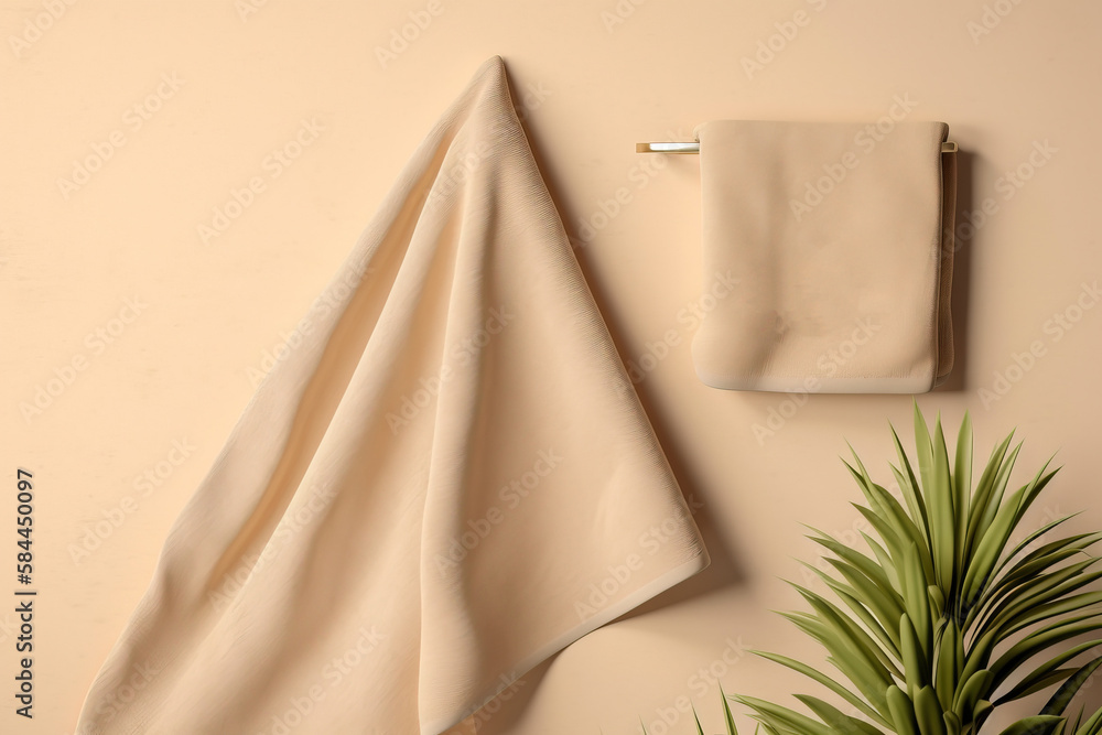  a towel hanging on a wall next to a potted plant and a towel rack with a towel on it and a towel ha