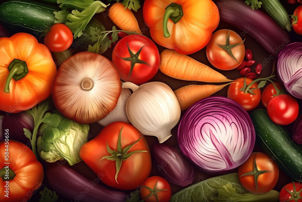  a painting of a variety of vegetables including carrots, onions, onions, tomatoes, and zucchini on 