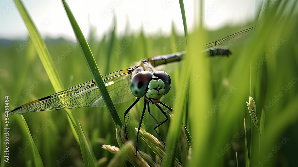 Cute dragonfly in the field. Illustration AI Generative.