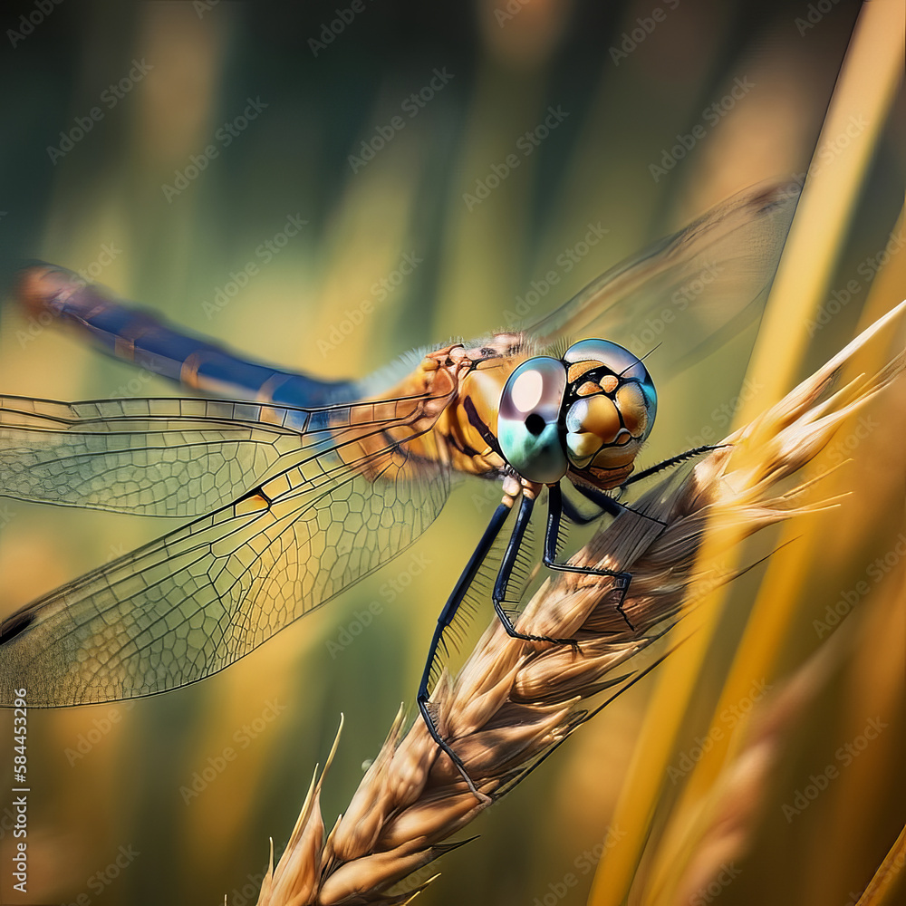 Cute dragonfly in the field. Illustration AI Generative.