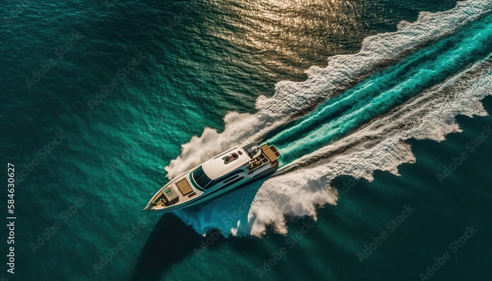 Top view on speed boat in paradise turquoise ocean water. Generative AI