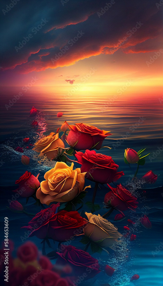 Creative illustration of roses in the sea