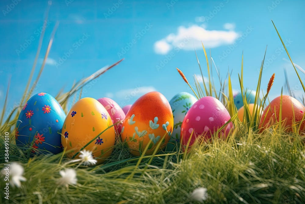 Easter eggs in various colors with floral decorations in the grass against a sky blue background. Ge