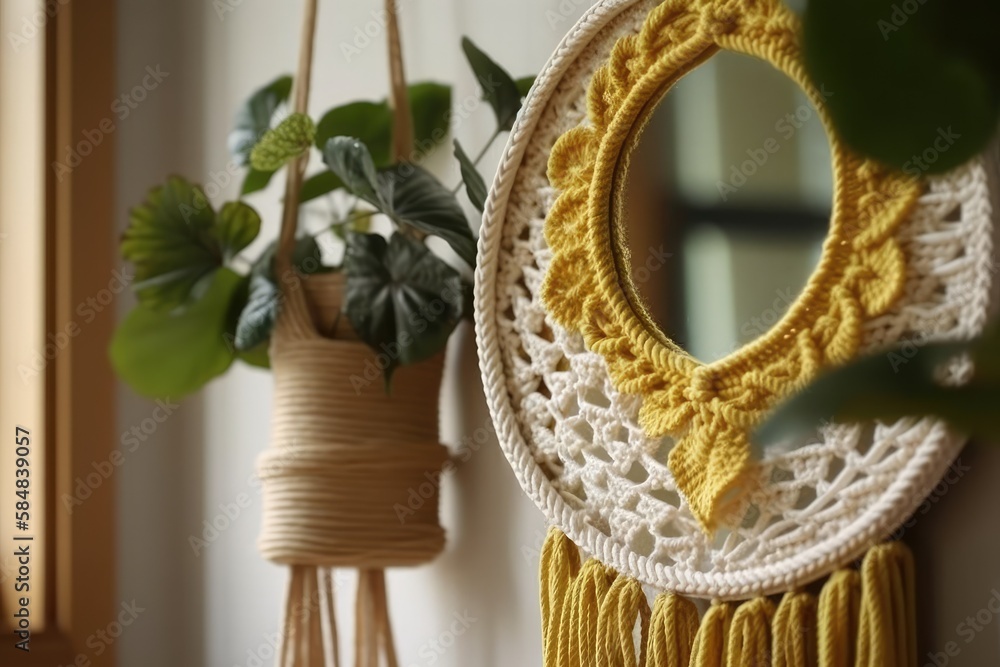 Yellow, white, green, and natural macrame mirror and leaves wall hanging on wooden stick. Decorate w