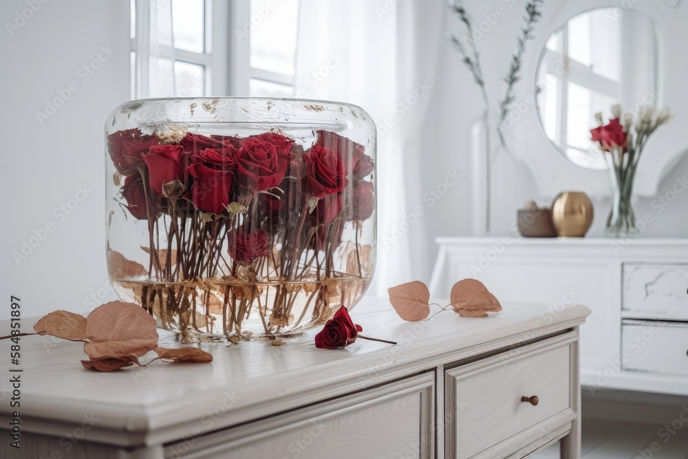 A boho style vase of dried red roses is set on a white sideboard in a white room. Generative AI