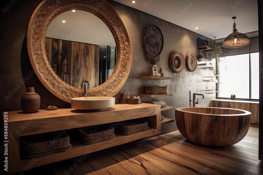 Round wall mirrors reflecting interior design scene, bohemian wooden bathroom, freestanding bathtub,