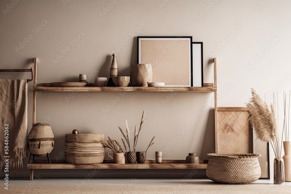 Blank wall mockup in house interior backdrop, wooden shelf with accessories near beige wall, Boho st