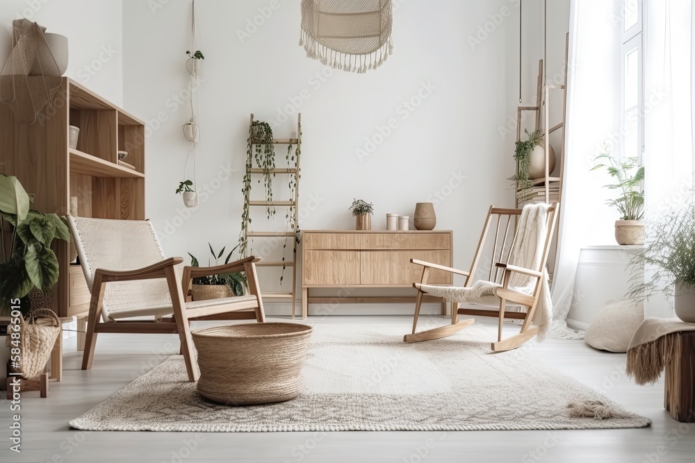 living room backdrop with white chairs and wooden furniture, scandi boho style, empty wall mockup. G