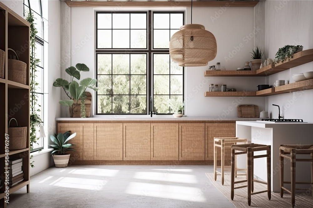 Home interior decorate kitchen counter with rattan door,kitchen equitment,indoor plant,white window,