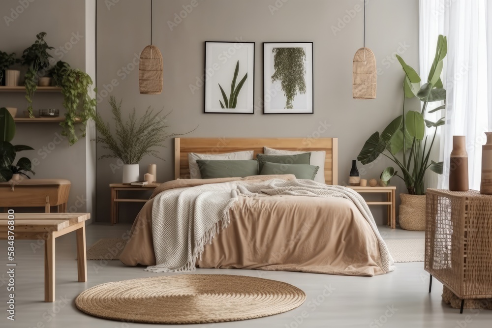 Minimalist bedroom with wooden bed, imitation poster frame, rattan basket, plants, books, and stylis