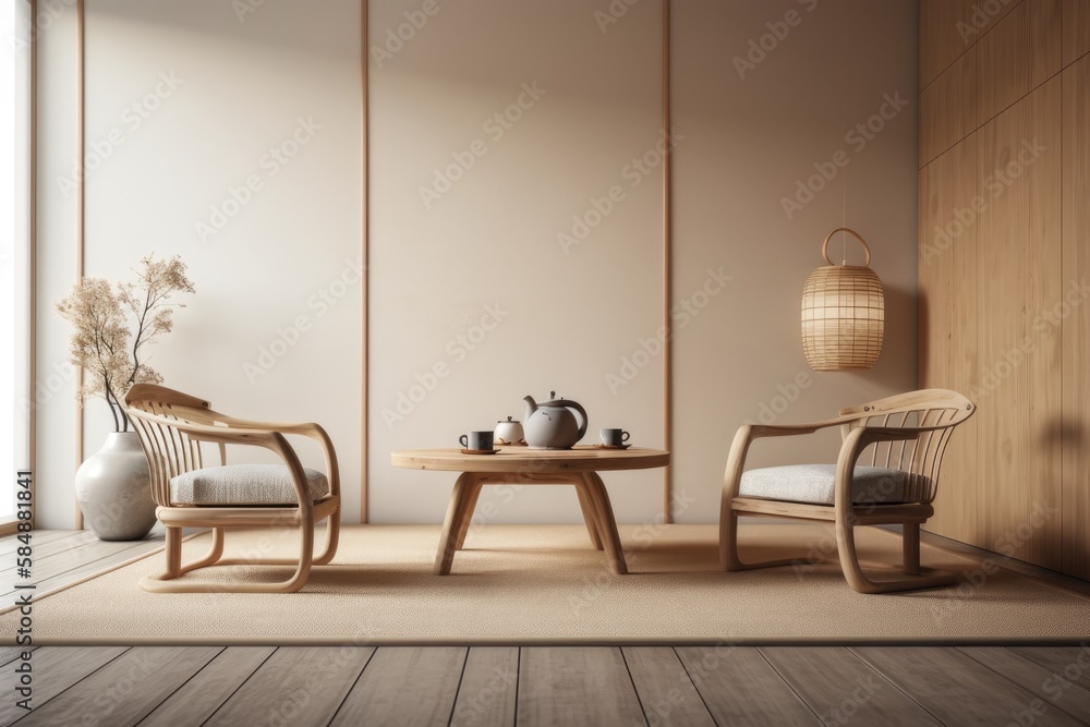 Japanese tea ceremonial room mockup in white and beige. Table, chairs, tatami. Japanese minimalism,.
