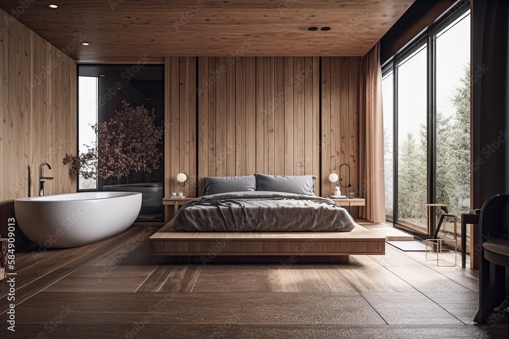 Contemporary wood bedroom with white and black bathtub. Double bed, freestanding tub, parquet floor.
