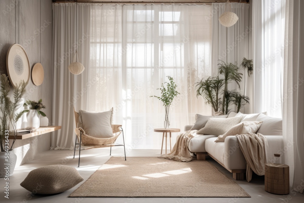 White curtains over bohemian wooden living room, clipping path, vertical folds, delicate tulle texti