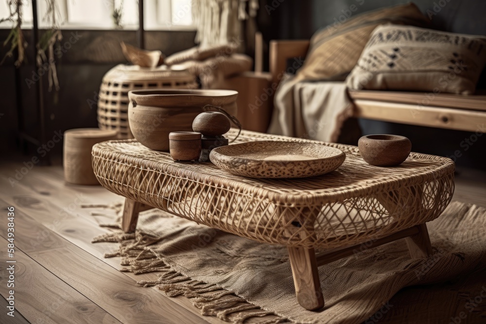 Wooden antique tabletop or shelf closeup, zen vibe, over country living room with couch and rattan f