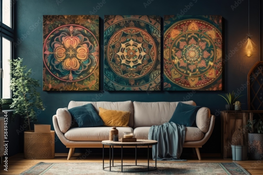 Bohemian Wall Decor. Three canvases for wall decorating in the living room, office, bedroom, kitchen