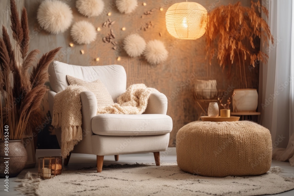 Boho living room with white boucle armchair, design pouf, lamp, vase with dried flowers, gold lamp, 