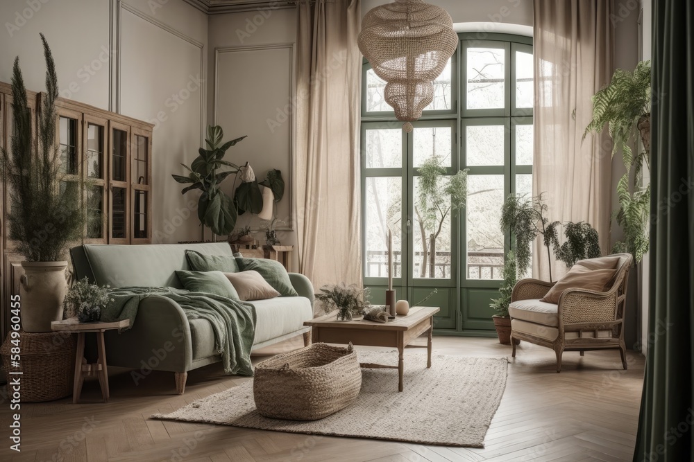 Vintage living room with drapes, fabric couch, and green beige rattan flooring. Parquet and arched w
