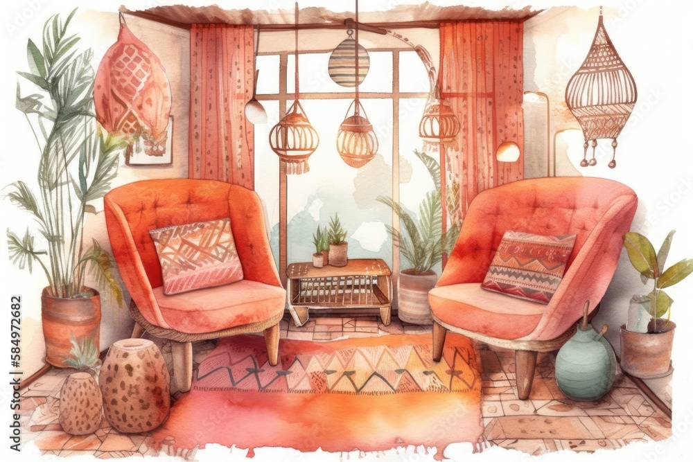 Bohemian interior watercolor furniture. Hand drawn illustration. Generative AI