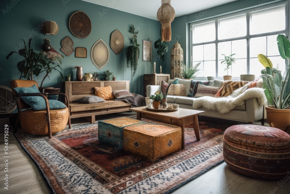 bohemian living room interior picture. Generative AI