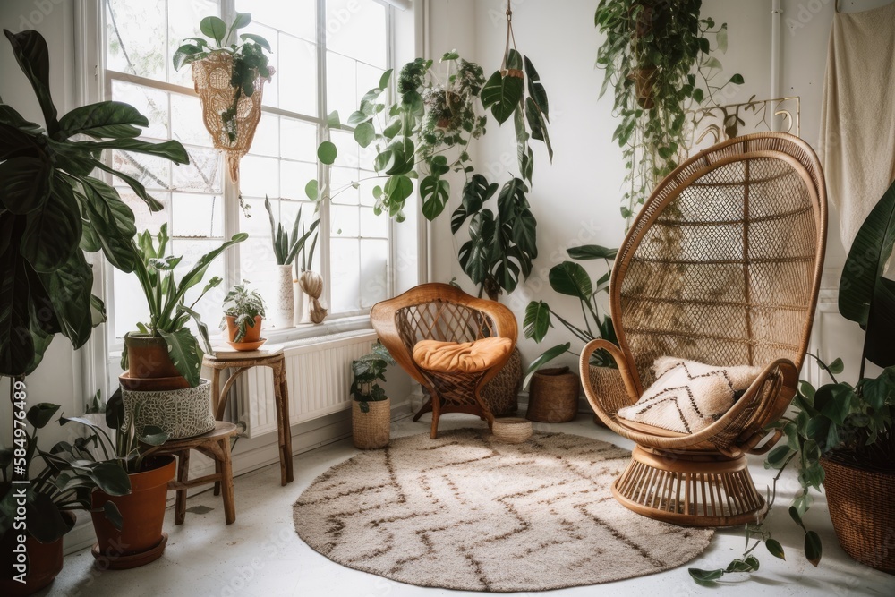 Bohemian living room with peacock wicker rattan chair and huge ficus in straw container. Decorate wi