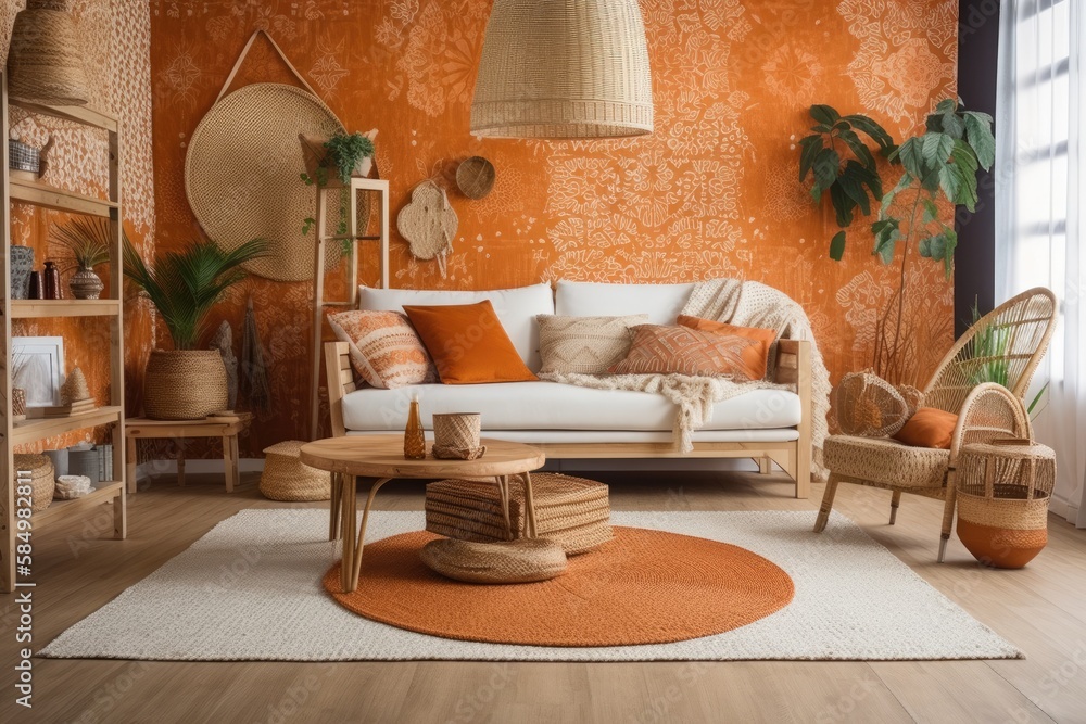 Boho style parquet and wallpaper living room. White and orange sofa, jute mat, rattan armchair, and 